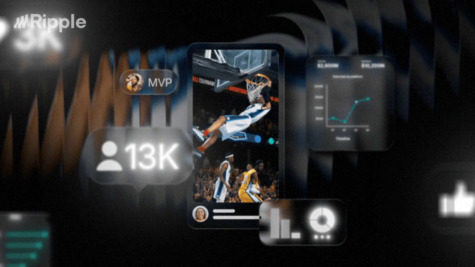 Digital interface showing a basketball player dunking with floating icons of social metrics, graphs, and MVP badge, branded Ripple.
