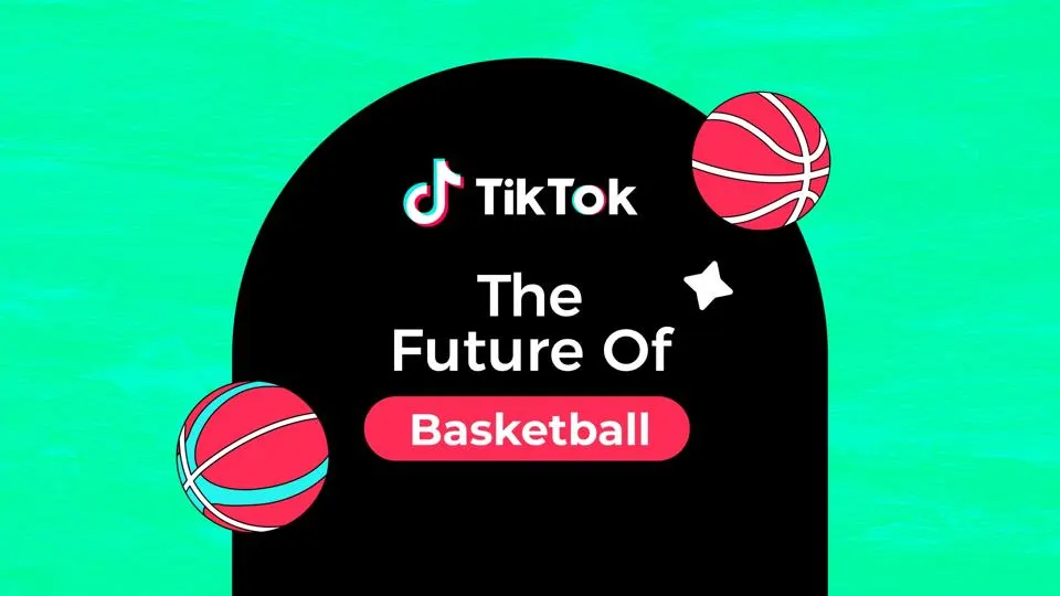TikTok logo with text 'The Future Of Basketball' on a black arch background with two stylized red basketballs on a green backdrop.