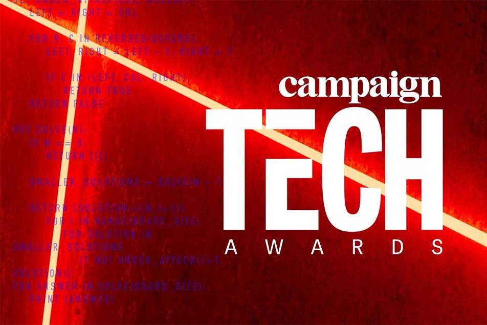 Campaign Tech Awards logo in white text on a red and black gradient background with light diagonal lines.