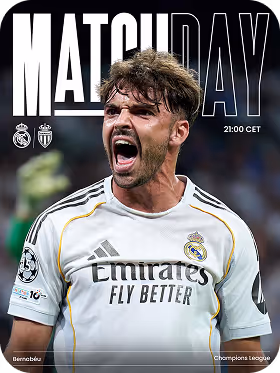 Real Madrid player shouting in celebration wearing white jersey with Emirates Fly Better logo during a Champions League match.