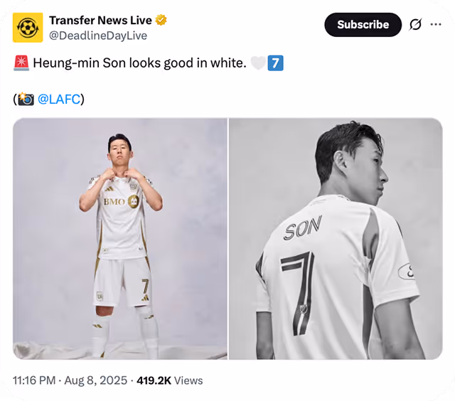 Heung-min Son wearing a white LAFC soccer jersey with gold accents, front view on the left and back view showing ‘SON 7’ on the right.