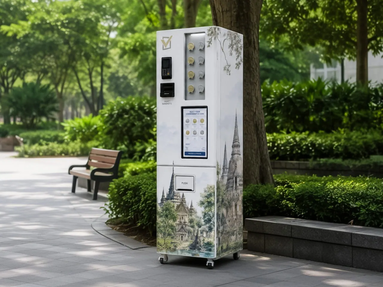 Collectible medallion vending machine in a park venue