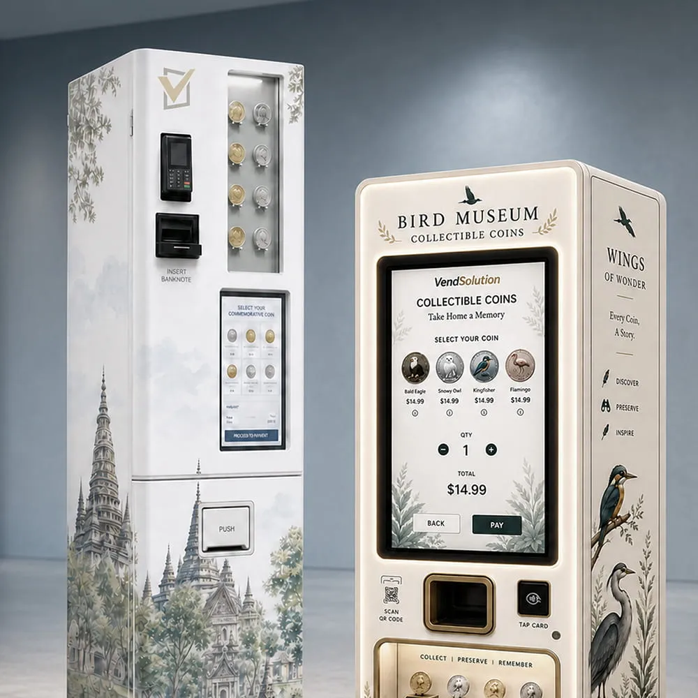 Two collectible coin vending machines with digital screens for selection and payment.