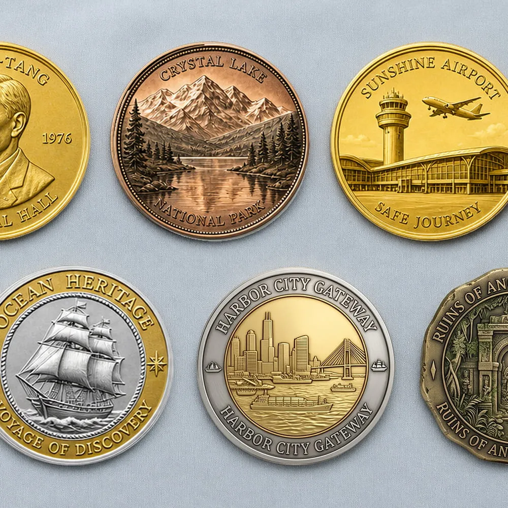 Six commemorative coins with designs of mountains, airport, ship, cityscape, and ruins.