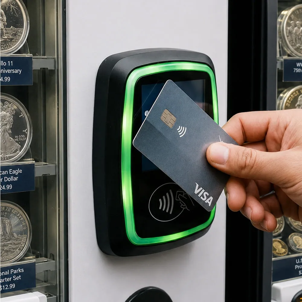 Hand holding a Visa card near a card reader with green light on a collectible coin vending machine.