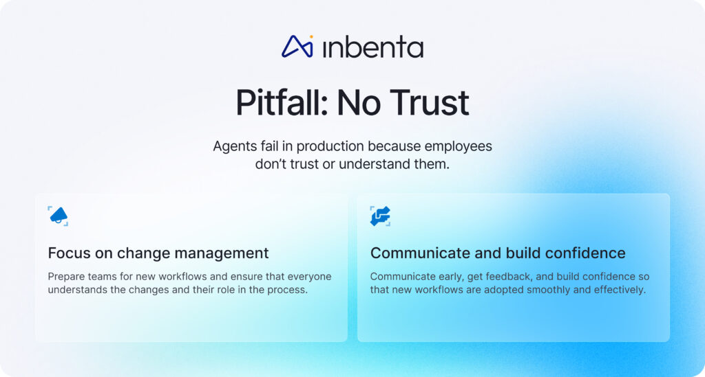 Inbenta infographic slide titled "Pitfall: No Trust," explaining that agents fail when employees lack confidence in them, and recommending change management and communication.