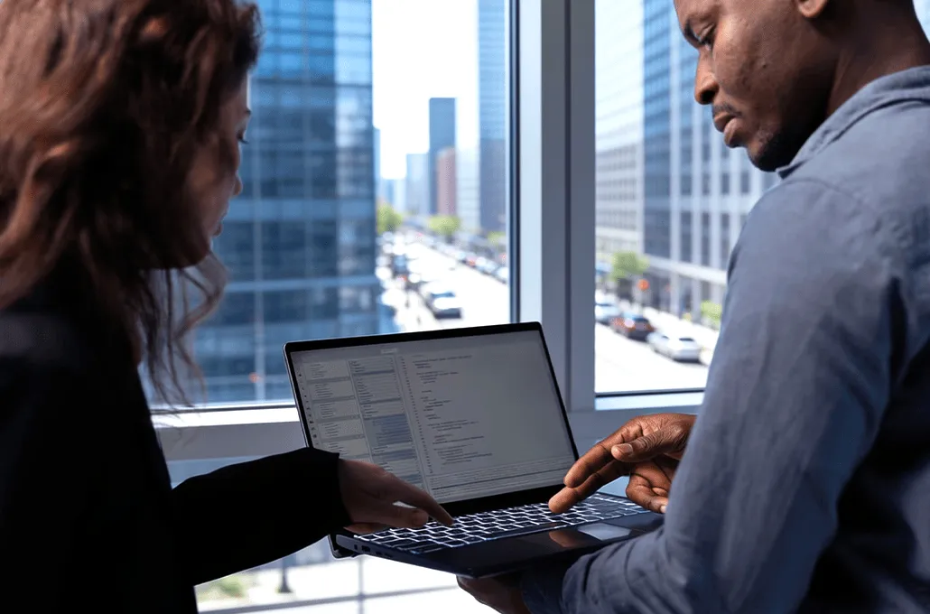 Two colleagues collaborate near a high-rise office window, pointing at code displayed on a laptop screen with city buildings visible in the background.