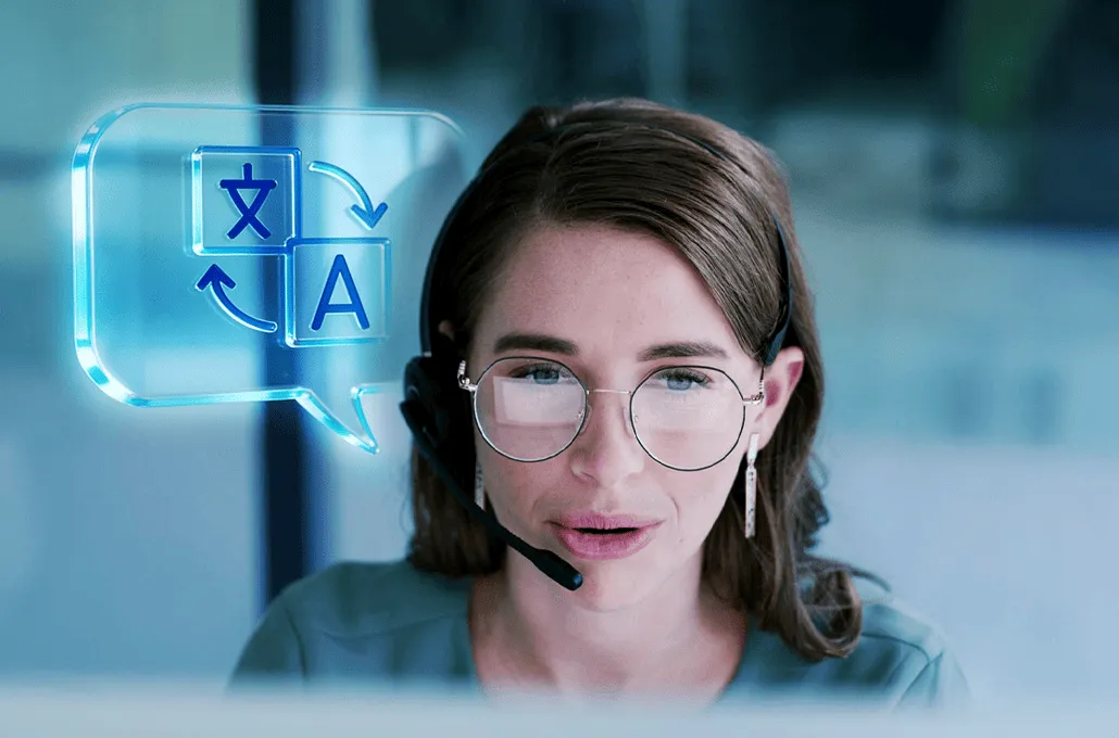 A female customer support agent wearing a headset and glasses looks directly ahead, accompanied by a glowing blue digital speech bubble featuring language translation icons.
