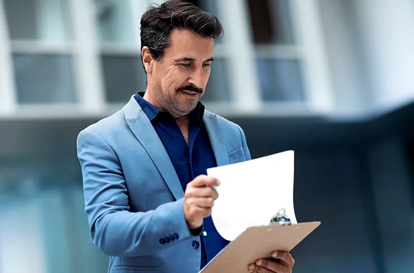 Un hombre que revisa un folio con hojas en blanco