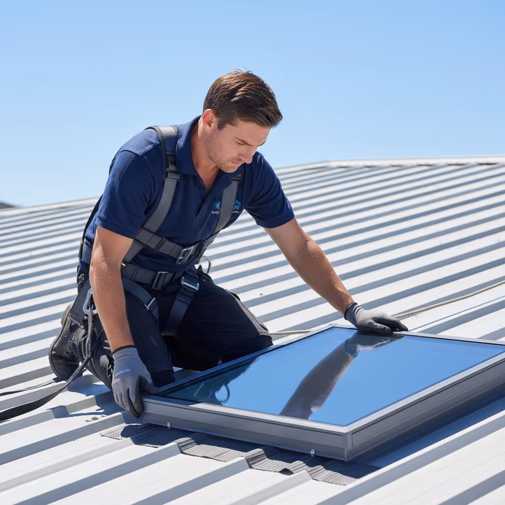 Open wooden-framed skylight window in a ceiling, letting in natural light.