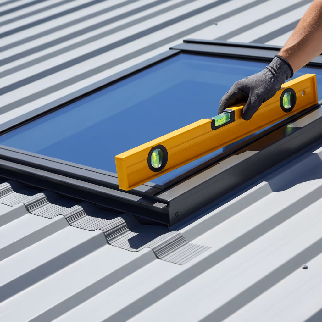 Person wearing a glove using a yellow spirit level to check the alignment of a window installed on a metal roof.