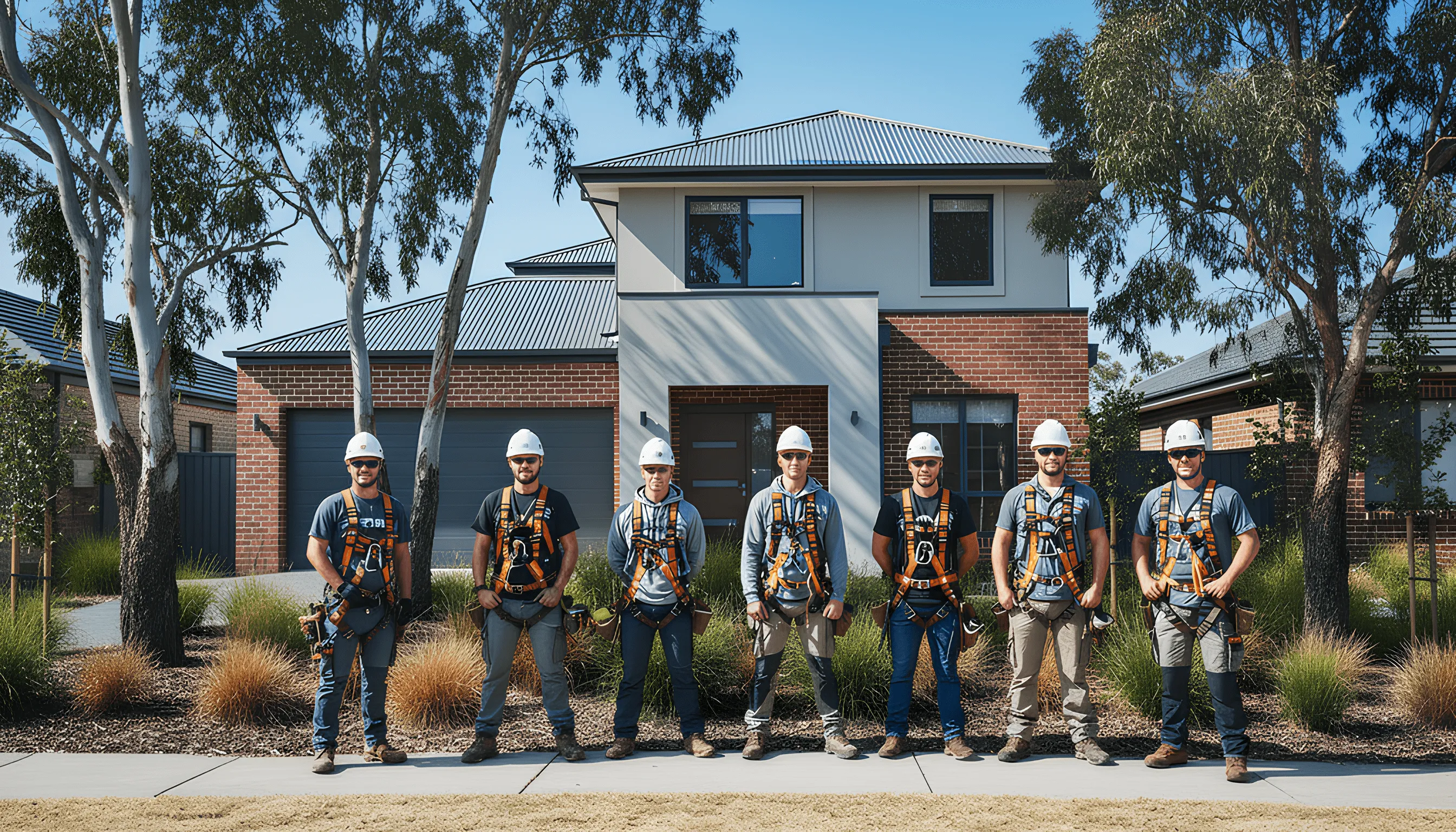 Seven construction workers wearing helmets and safety harnesses standing in front of a modern two-story brick house.