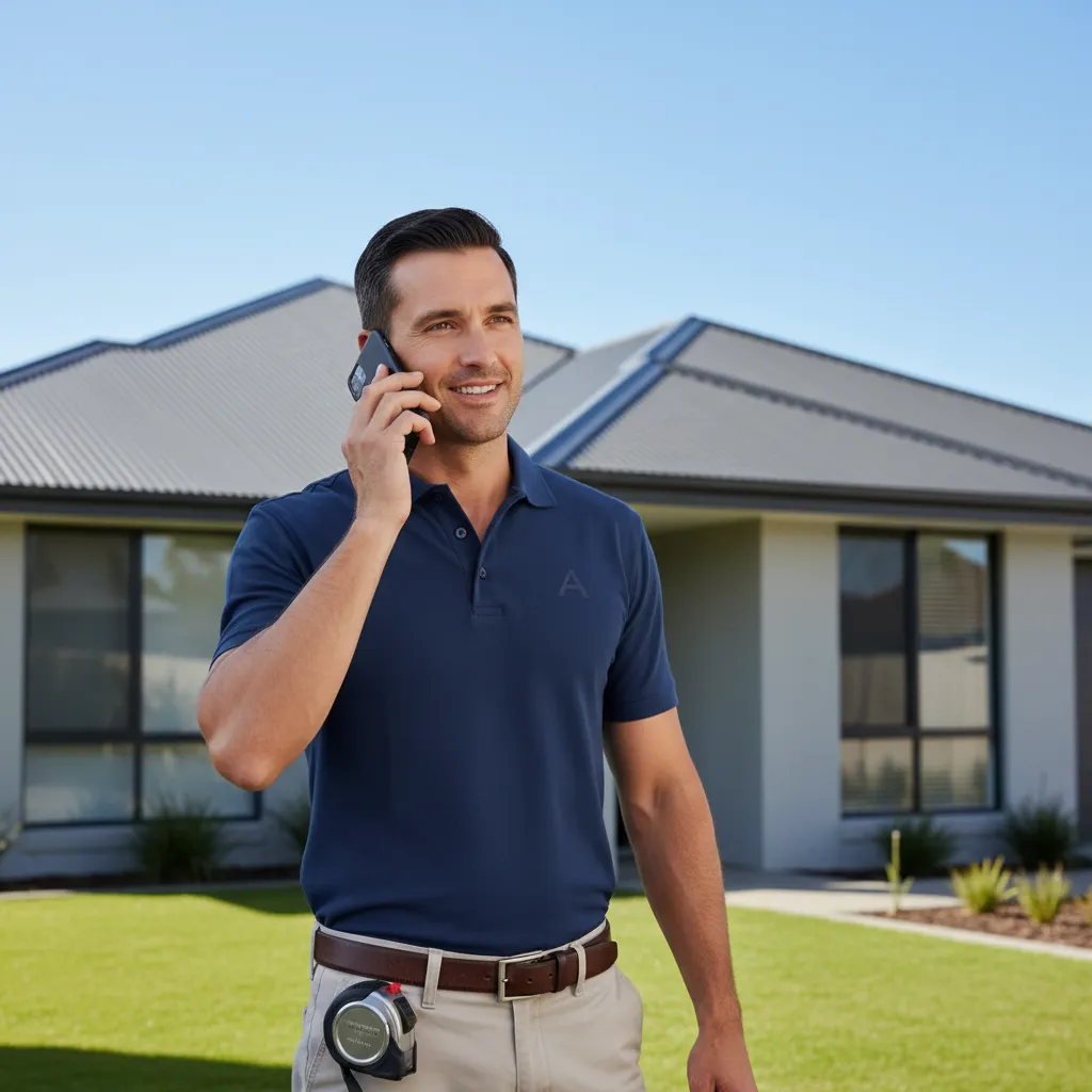 Man in a navy polo shirt with a tape measure on his belt talking on a smartphone in front of a modern house.