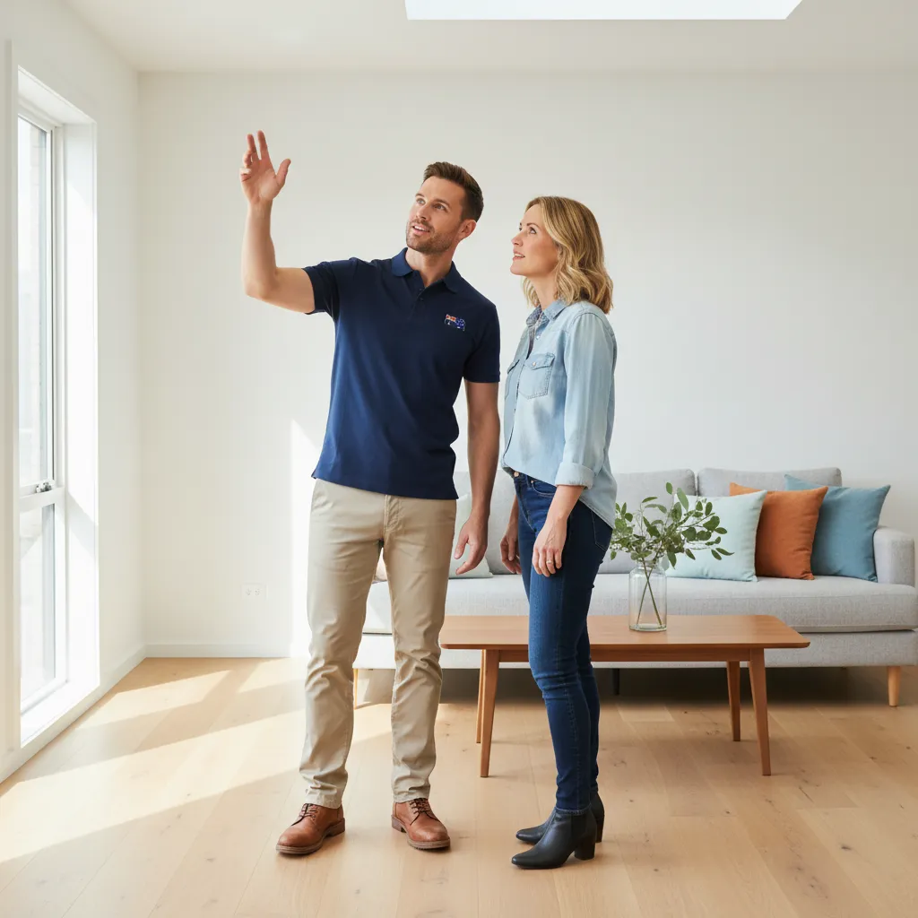 Man in navy shirt explaining features to a woman in a light blue shirt inside a modern living room.