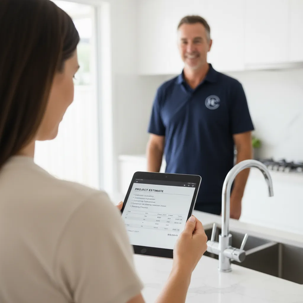 Woman holding a tablet showing a project estimate while talking to a man in a navy shirt in a modern kitchen.