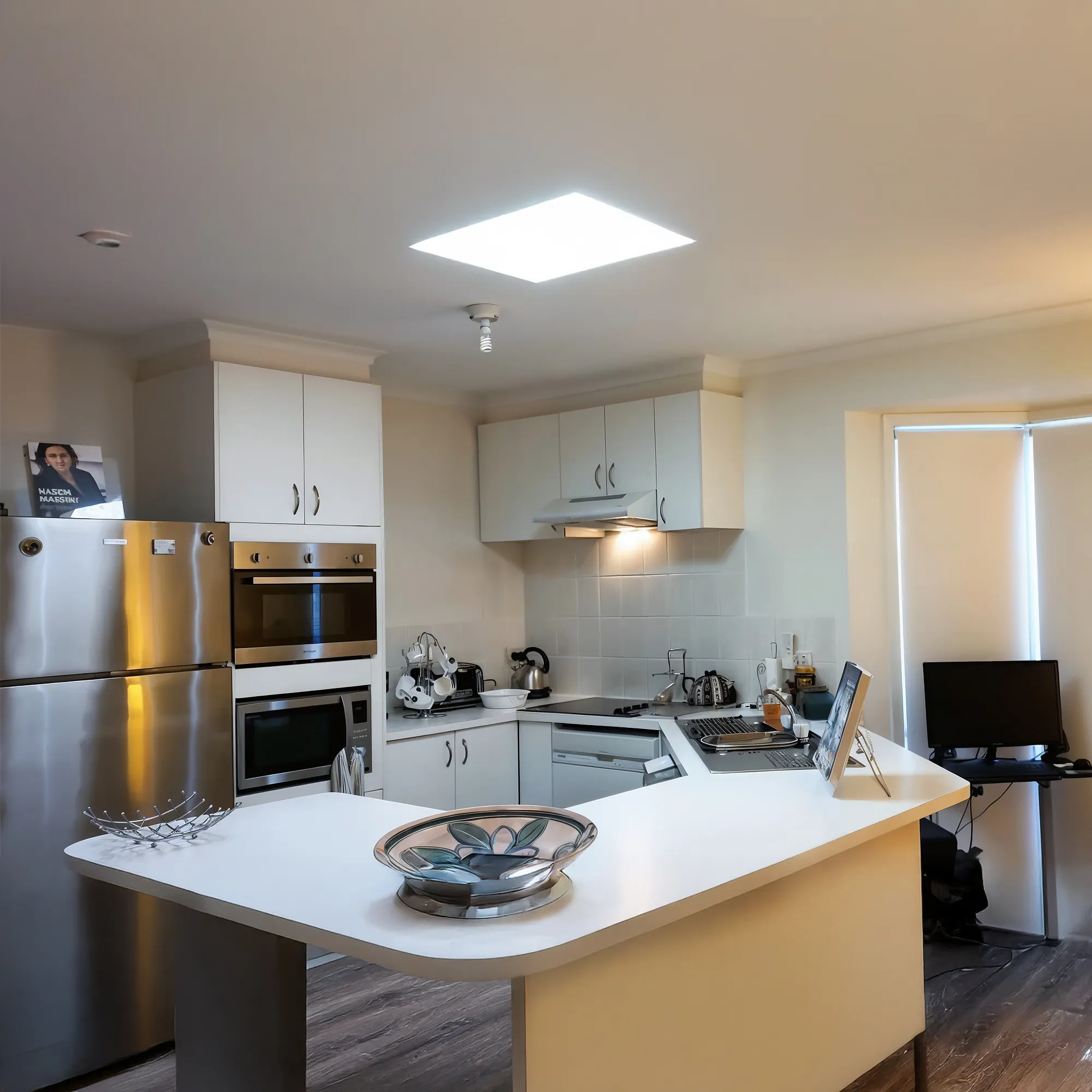 Modern kitchen with white countertops, stainless steel appliances, and a computer on a small desk near a window with blinds.
