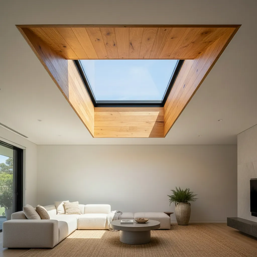 Modern living room with a large skylight framed by wood panels, white sofa, round coffee table, and potted plant.