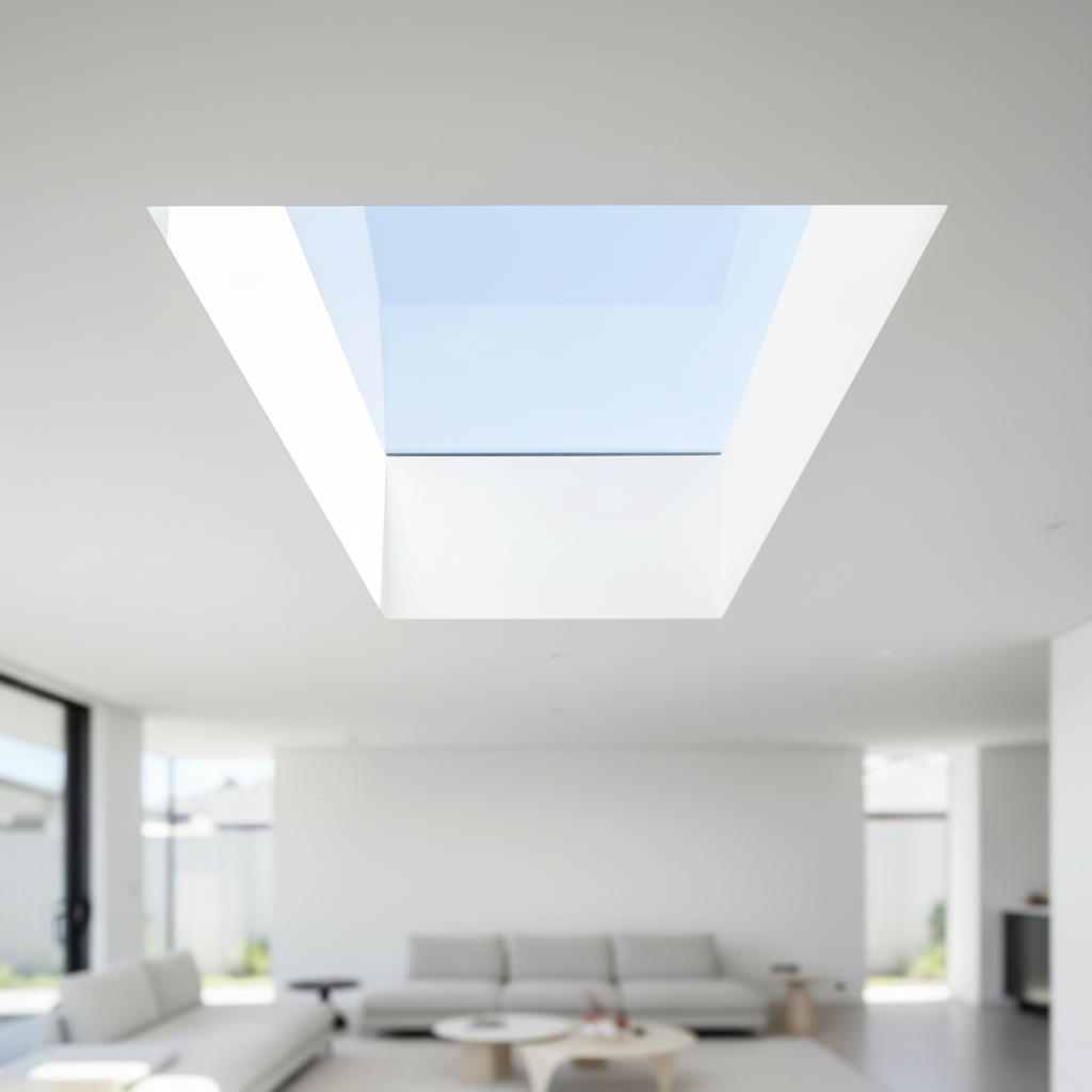 Modern living room with a large square skylight, white walls, and minimalistic gray sofas beside round coffee tables.
