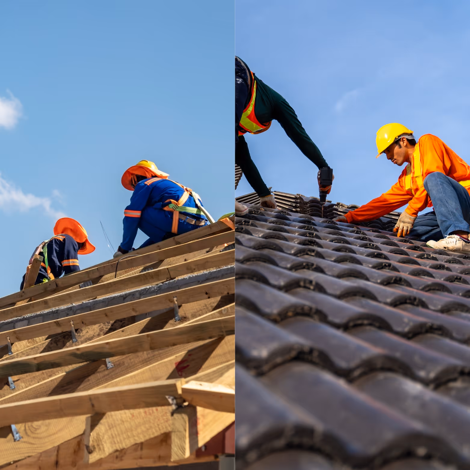 Two pairs of construction workers wearing safety gear installing wooden roof framing and roofing tiles under a clear blue sky.