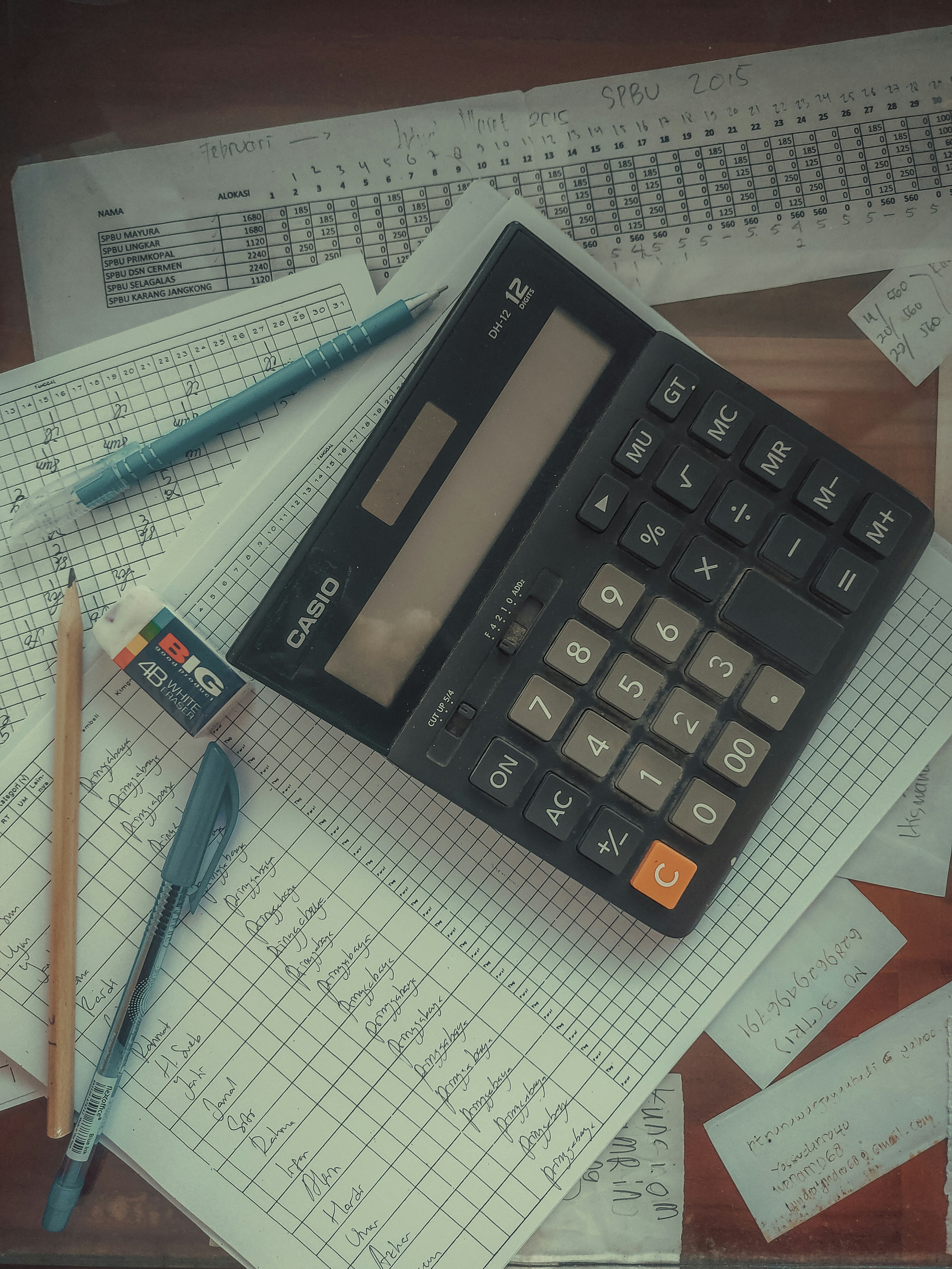 Calculator, pencil, pens, eraser, and handwritten financial sheets on a wooden desk.
