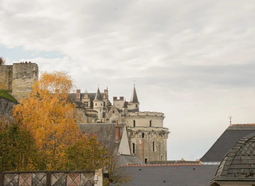Altes Steinschloss mit Türmen und Schieferdächern, umgeben von Bäumen mit Herbstlaub.