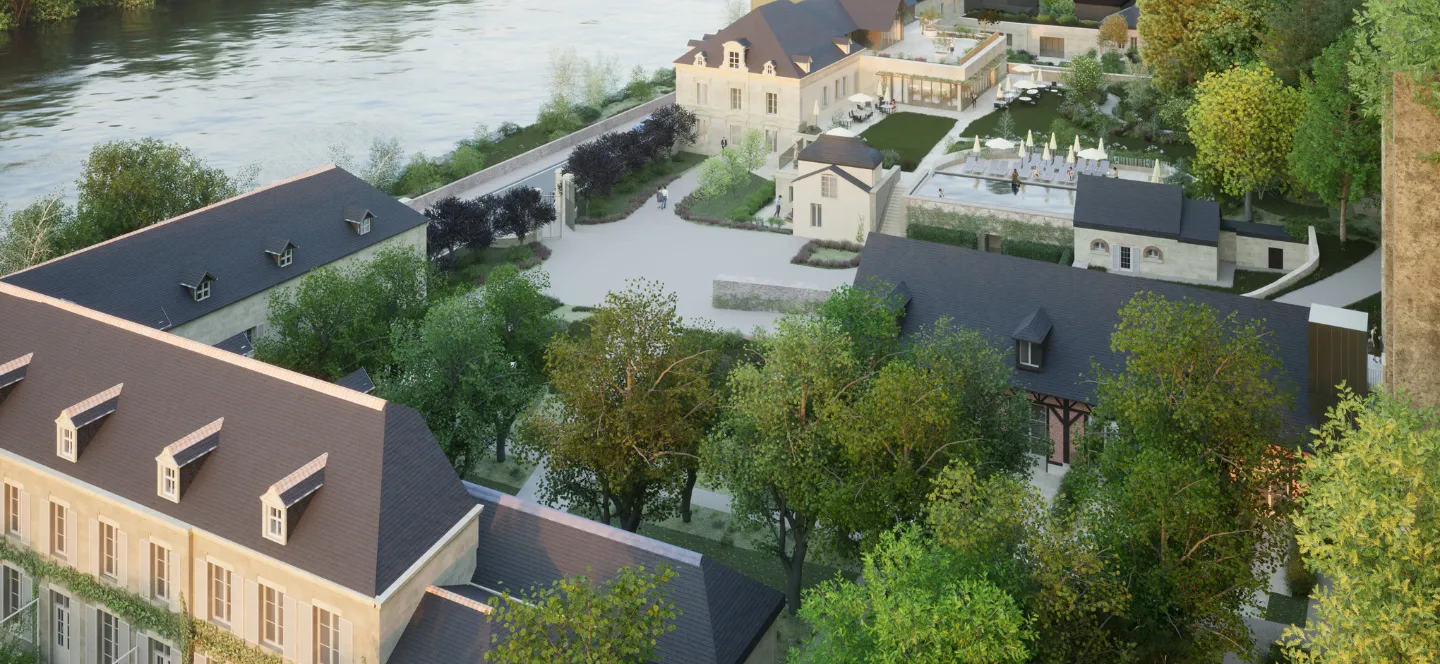 Vue aérienne du domaine du Relais d'Amboise et ses jardins au bord de la Loire, château hôtel éco-responsable dans la Vallée de la Loire.