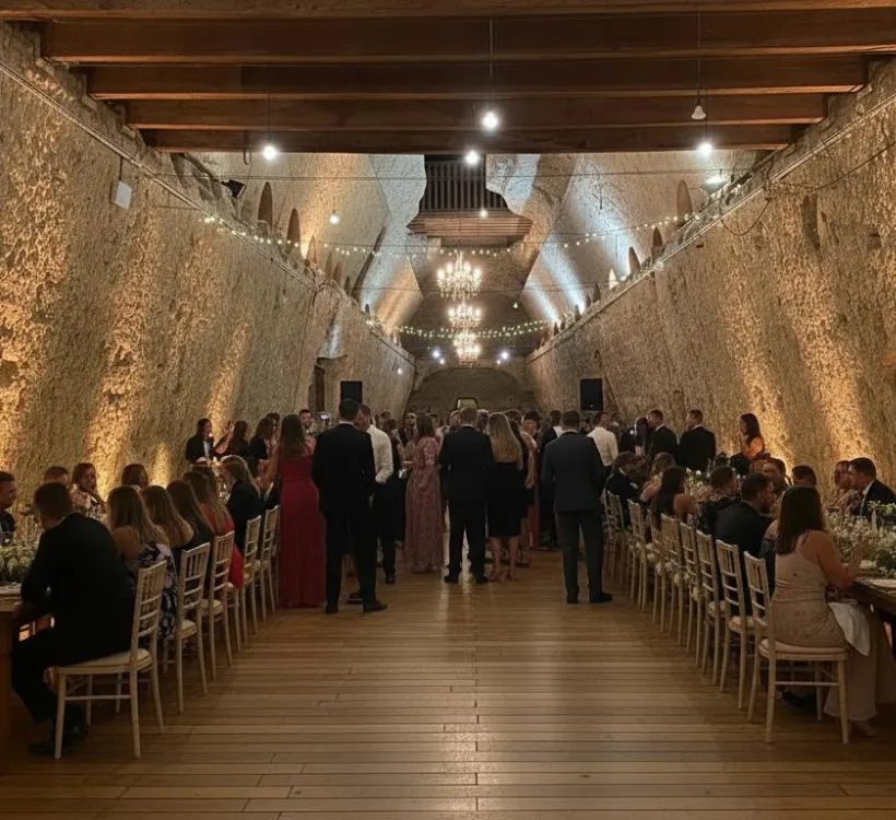Soirée de gala dans la cave troglodyte du Relais d'Amboise, lieu de réception unique pour mariage aux Châteaux de la Loire en Touraine.