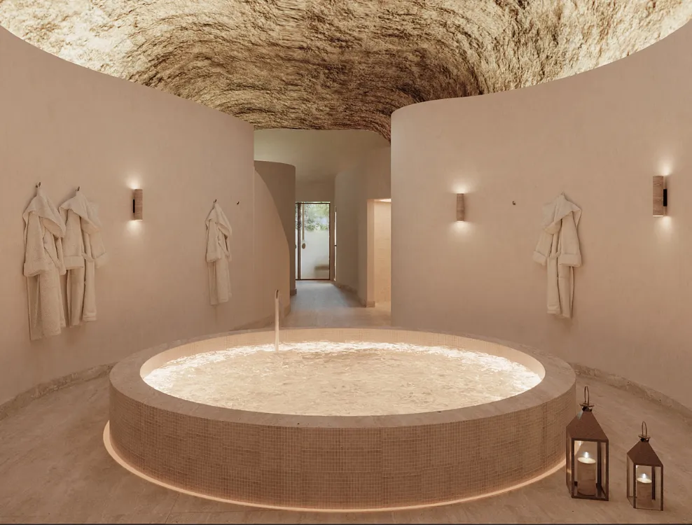 Hot tub under a troglodyte vault at the Relais d'Amboise spa, an unusual hotel with jacuzzi in the Loire Valley.