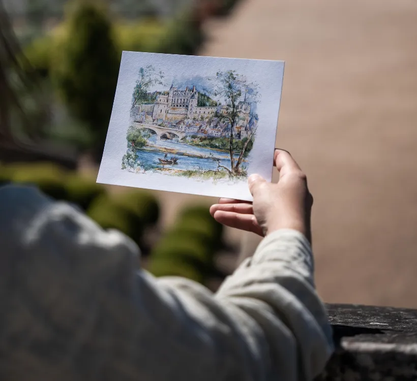Watercolor of the Château d'Amboise on the banks of the Loire, a souvenir to be discovered from the Relais d'Amboise, a hotel in the heart of the Châteaux de la Loire circuit.