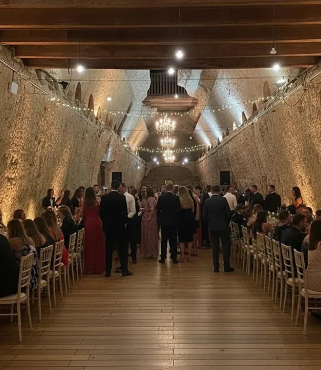 Wedding banquet in the troglodyte cellar of the Relais d'Amboise, estate for an unusual wedding at the Châteaux de la Loire in Indre-et-Loire.