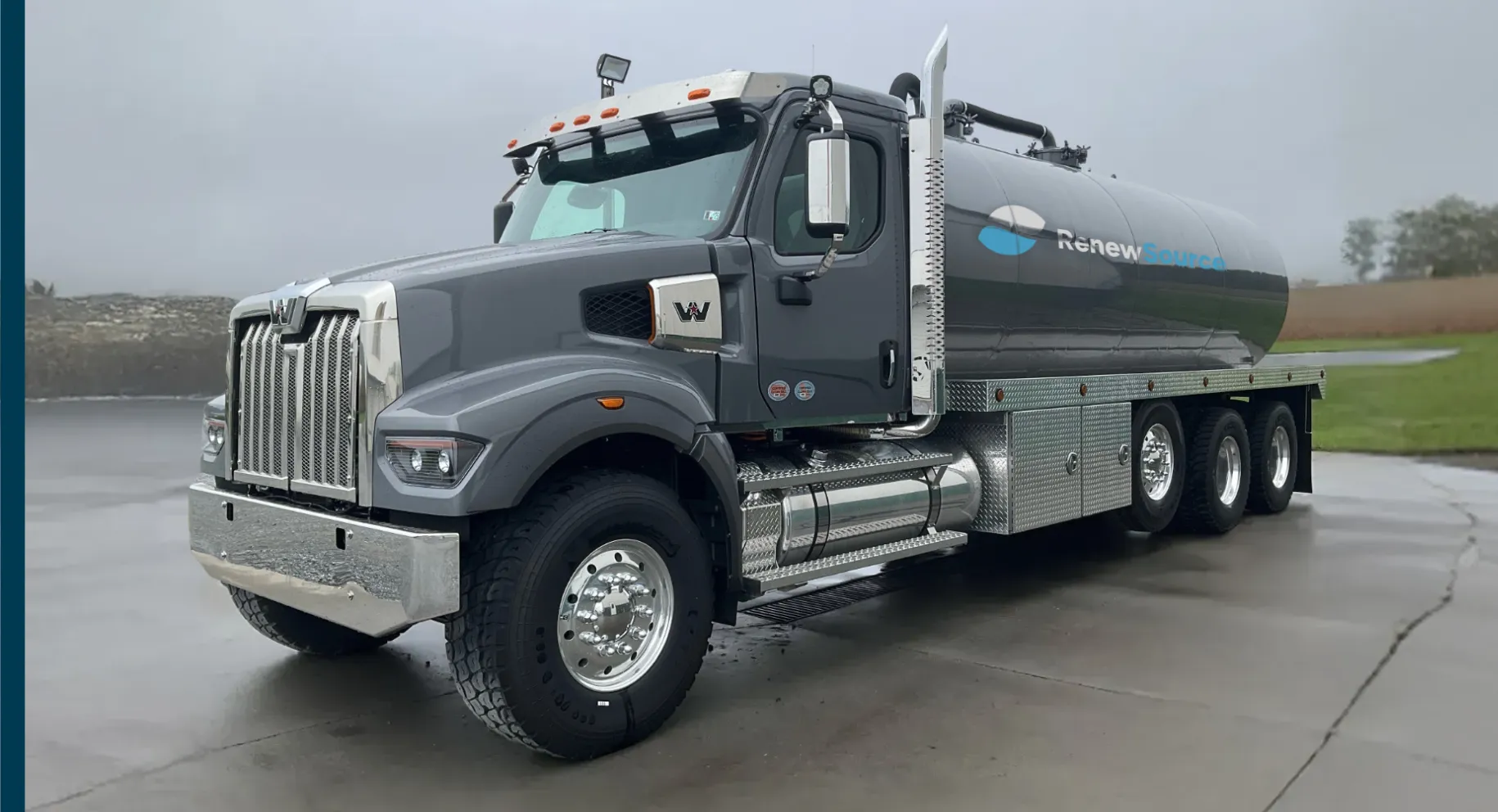 Gray heavy-duty tanker truck with a RenewSource logo on the tank.