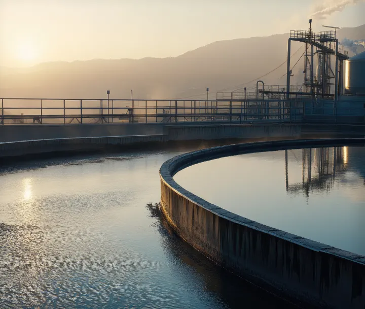 Circular water treatment tank with industrial structures.