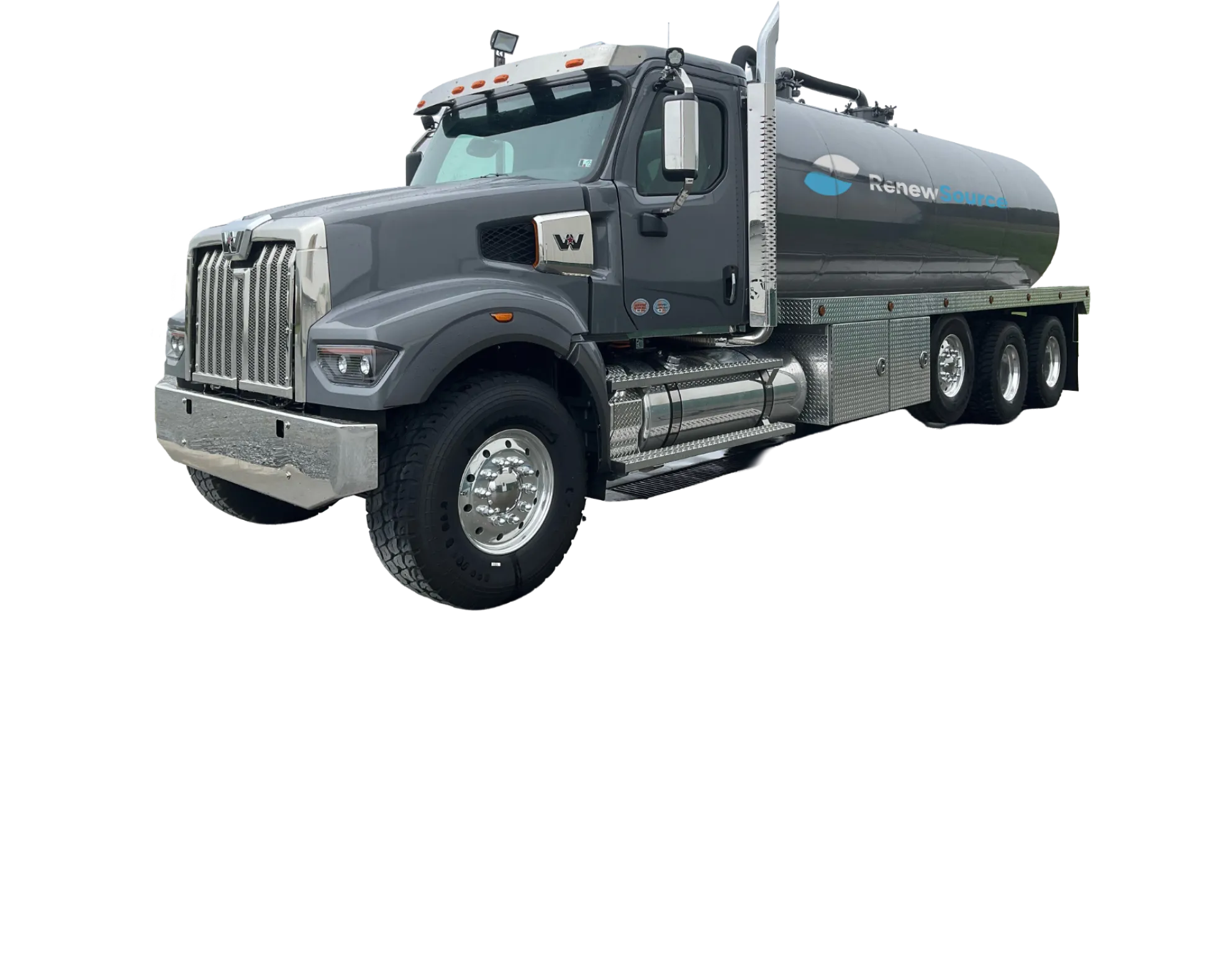 Gray heavy-duty tanker truck with a RenewSource logo on the tank.