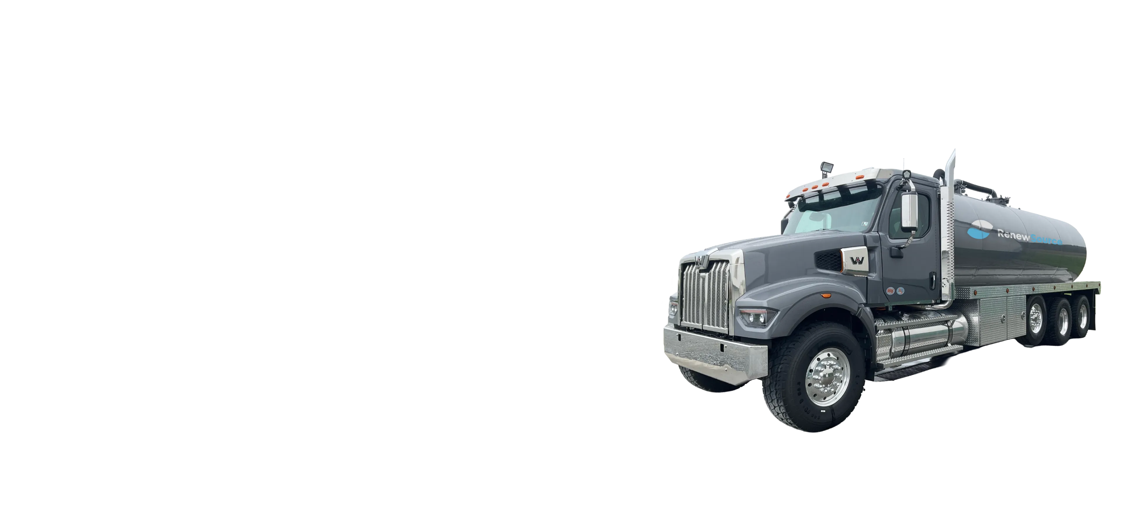 Gray heavy-duty tanker truck with a RenewSource logo on the tank.