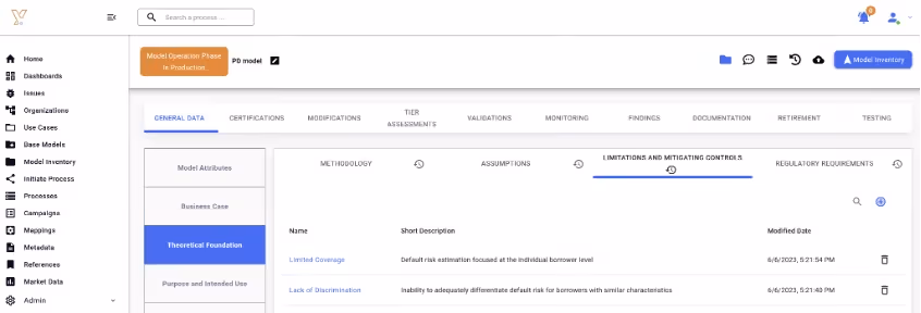 Capturing model limitations in Chiron Enterprise