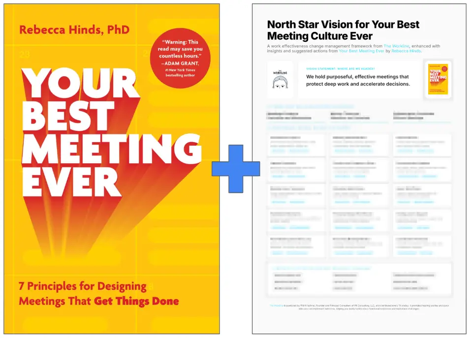 Cover of the book 'Your Best Meeting Ever' by Rebecca Hinds, PhD, alongside a white page titled 'North Star Vision for Your Best Meeting Culture Ever' with meeting principles and a plus sign between them.