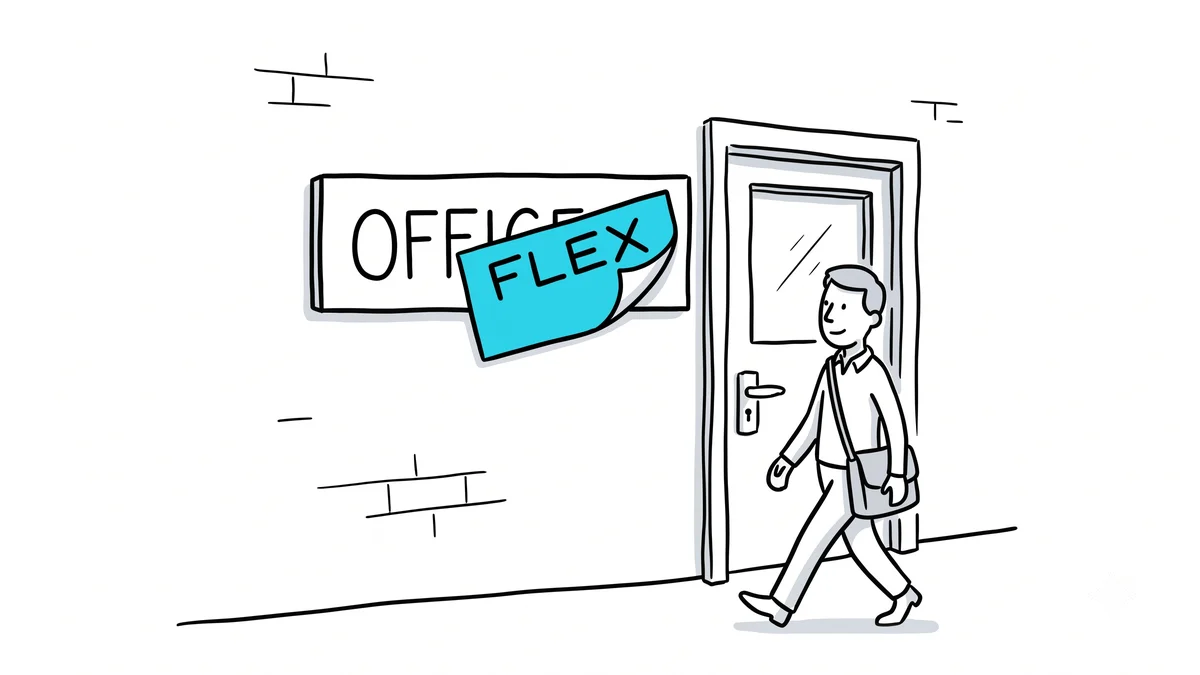 Line drawing of a person leaving an office, its OFFICE sign relabeled FLEX