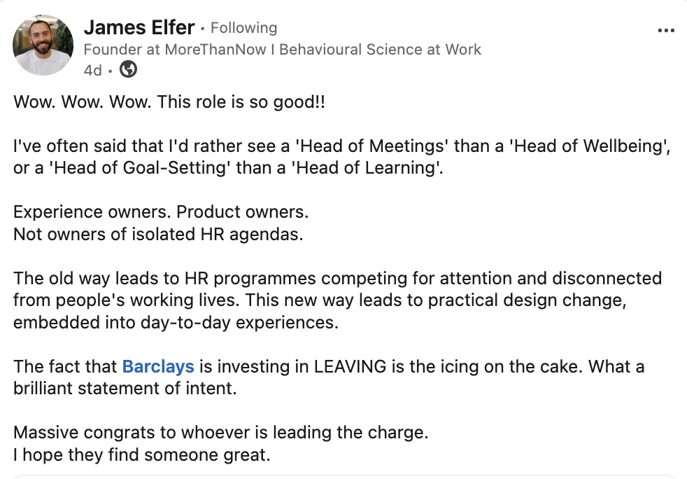 LinkedIn post by James Elfer, founder at MoreThanNow, praising a "Head of Leaving" role and advocating for experience and product owners rather than