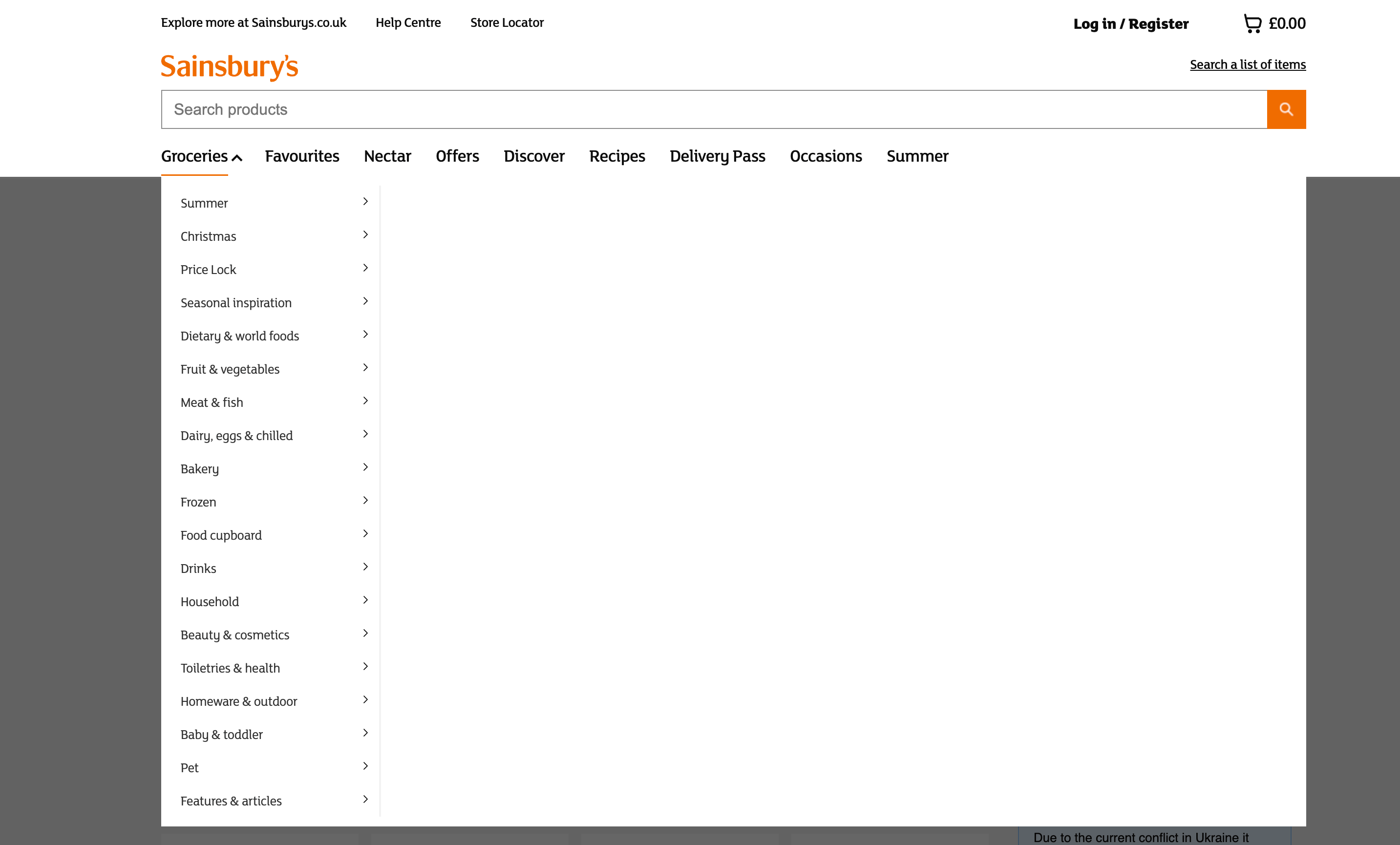 Screenshot of Sainsbury's navigation stuffing too many options under Groceries
