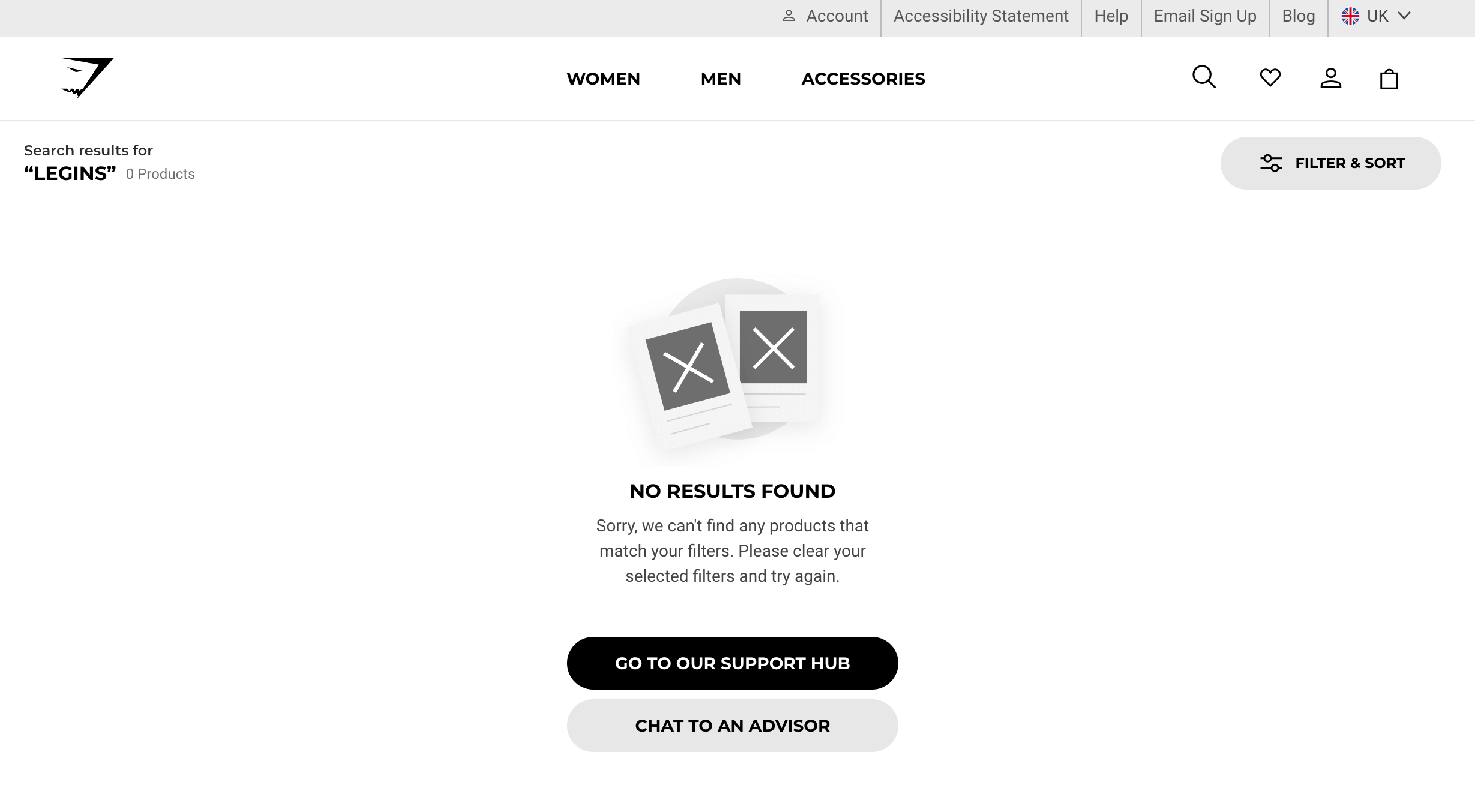 Screenshot of Gymshark's 'No results found' page