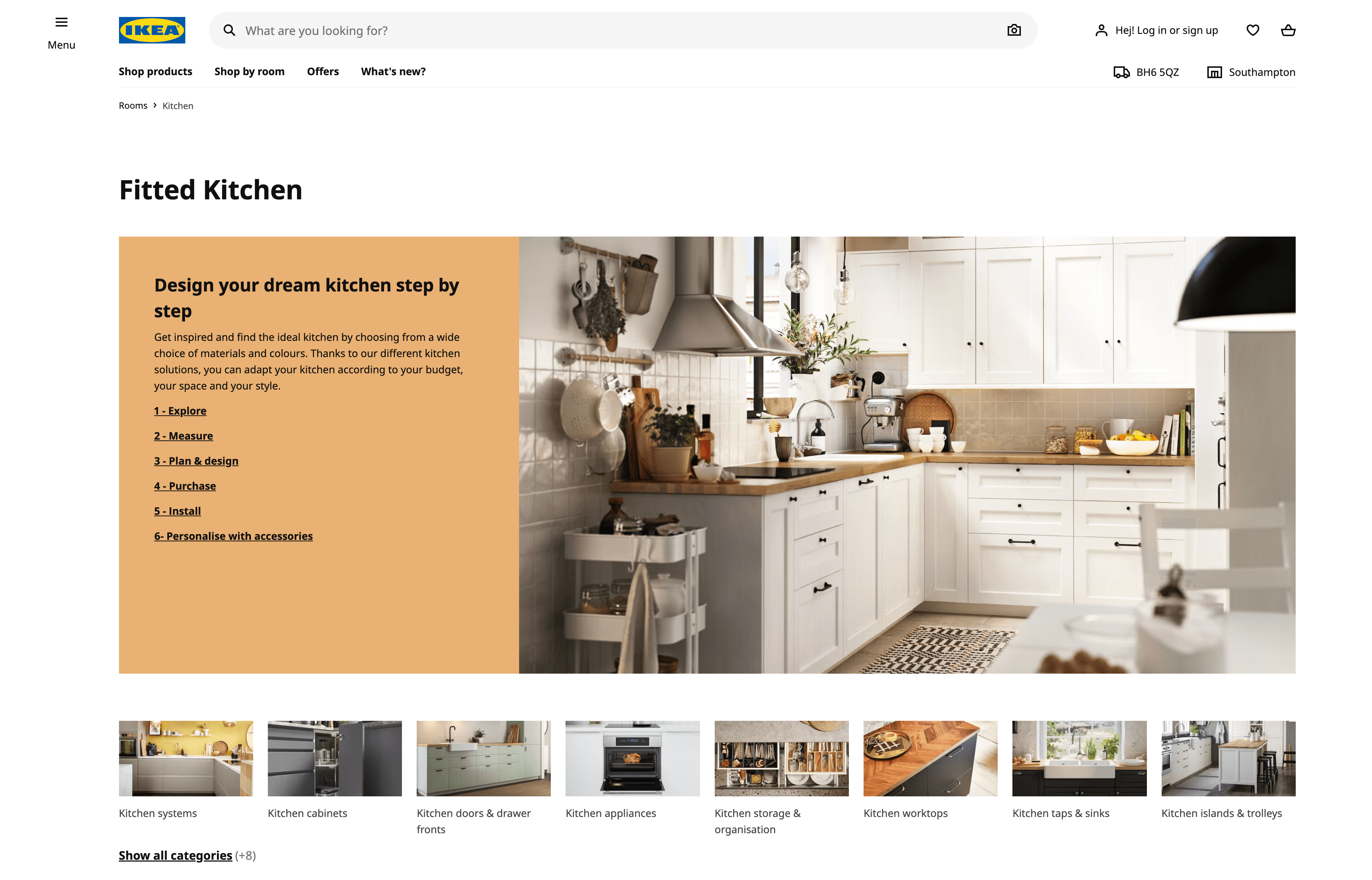 Ikea's kitchen page offers useful list of options based on what stage users are at as well as image navigation below
