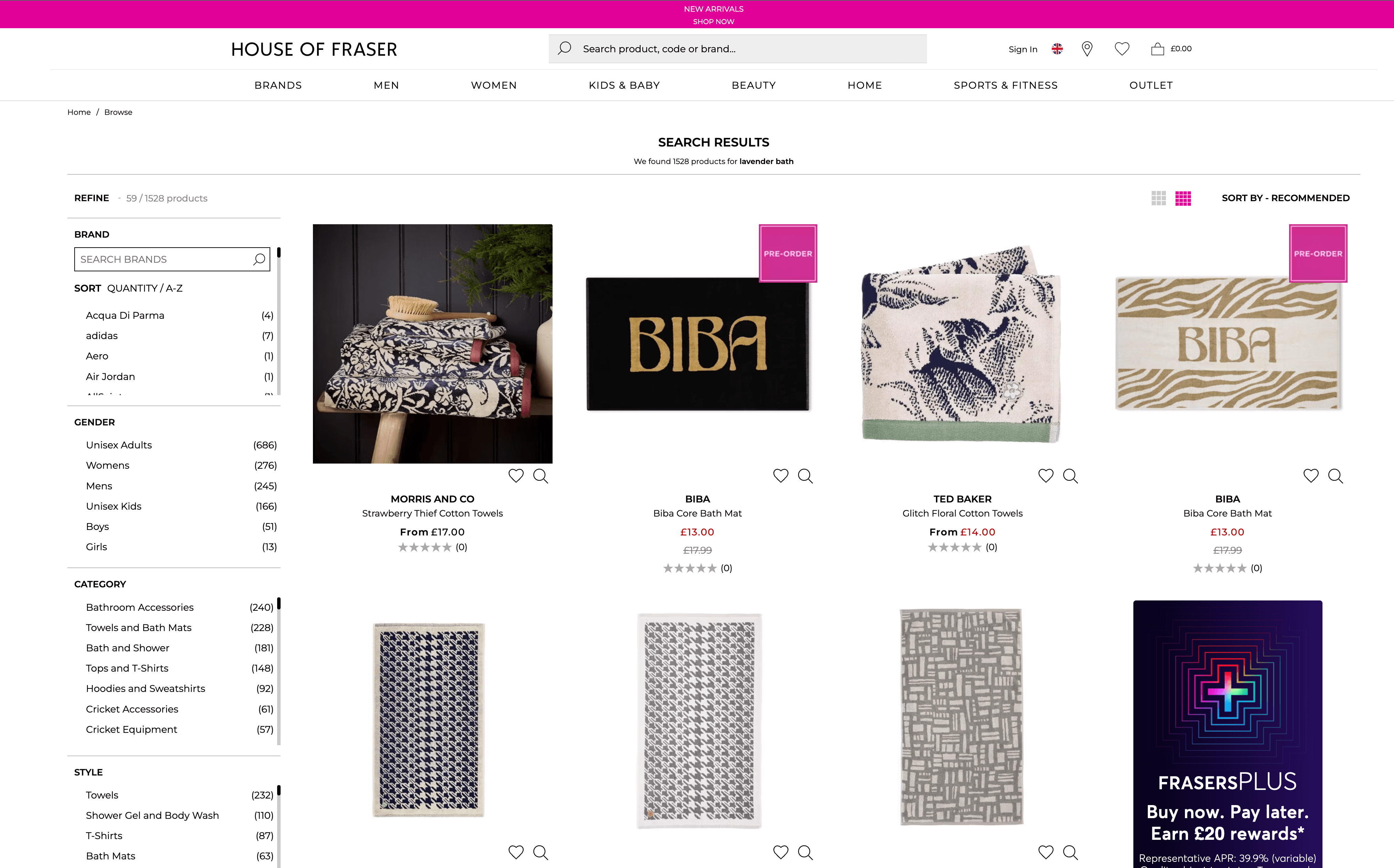 Screenshot from House of Fraser providing over 1500 unrelated search results