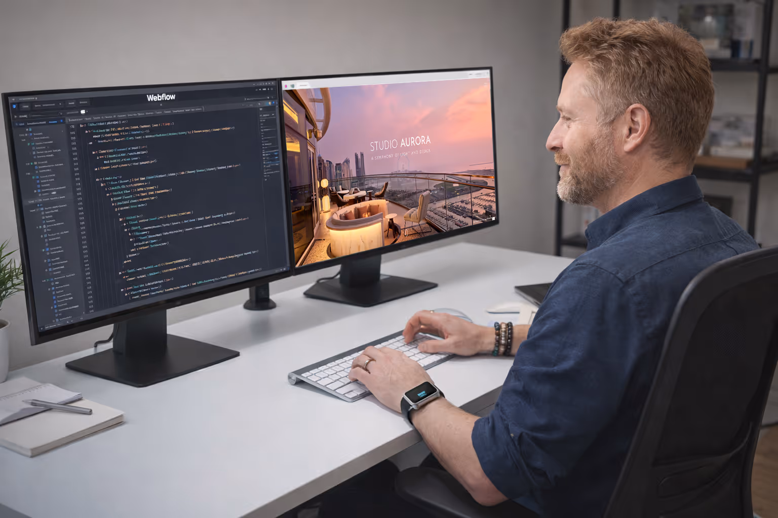 Man sitting at desk working on dual monitors with code on one screen and an architectural website on the other.