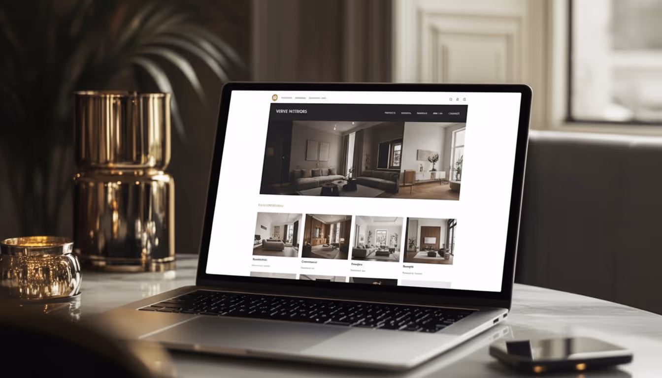Laptop on marble table displaying a real estate website with images of modern interiors, next to decorative gold vases and a smartphone.
