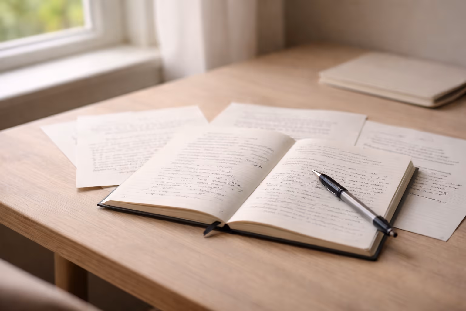 Open notebook with handwritten notes and a pen resting on a wooden desk near a window with scattered papers and a closed book.