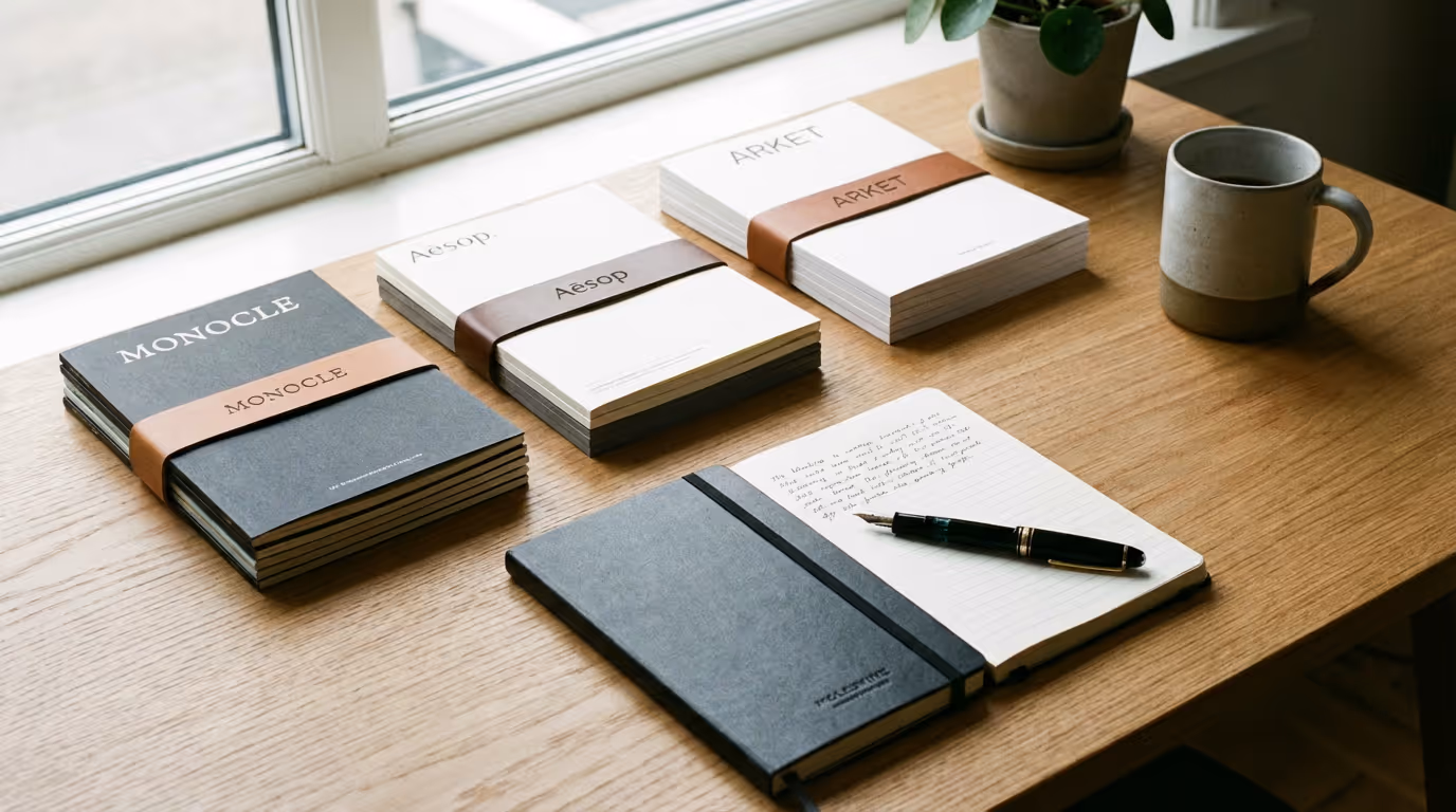 Neatly stacked Monocle, Aesop, and Arket booklets on a wooden table next to an open notebook with a fountain pen and a ceramic mug.