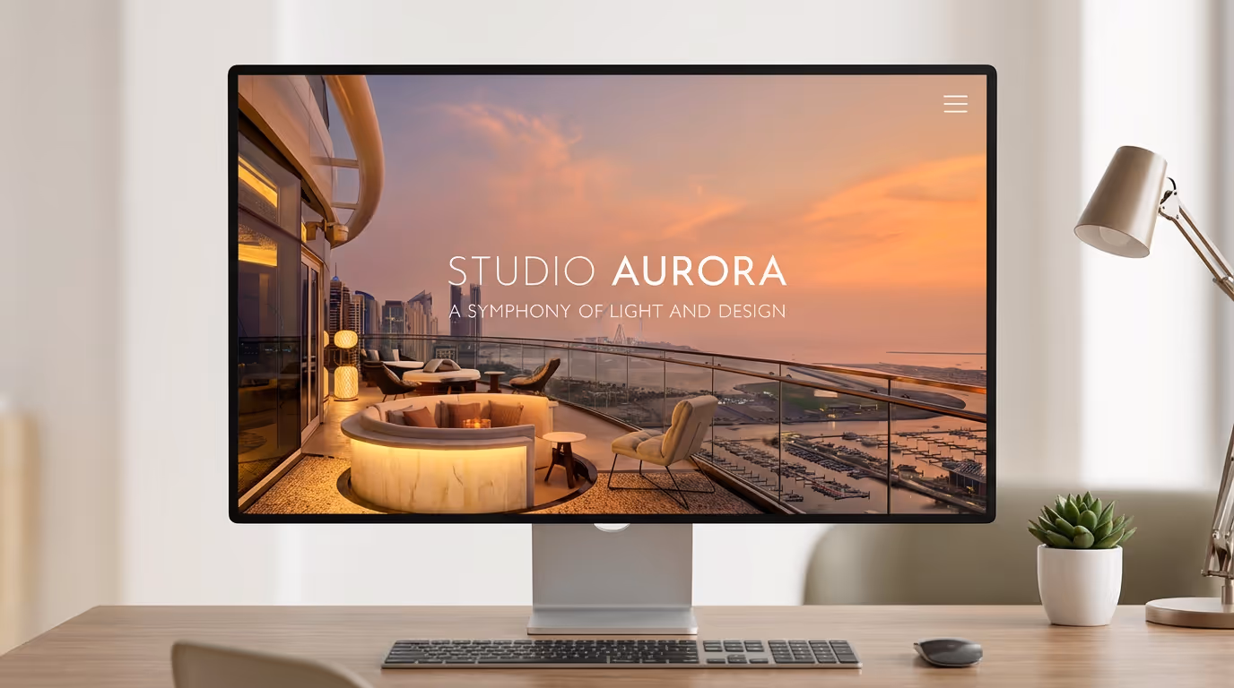 Computer monitor on desk displaying a sunset view of a balcony with modern outdoor seating and city skyline.