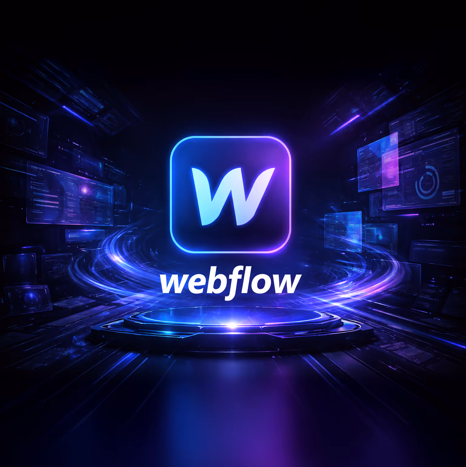 Glowing Webflow logo floating above a futuristic digital platform with swirling blue and purple light effects.