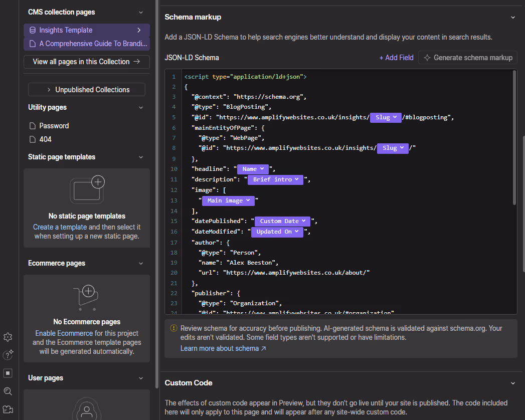 Screen showing a web page editor with JSON-LD schema markup code for a blog post, including fields for slug, name, brief intro, main image, custom date, and author details.