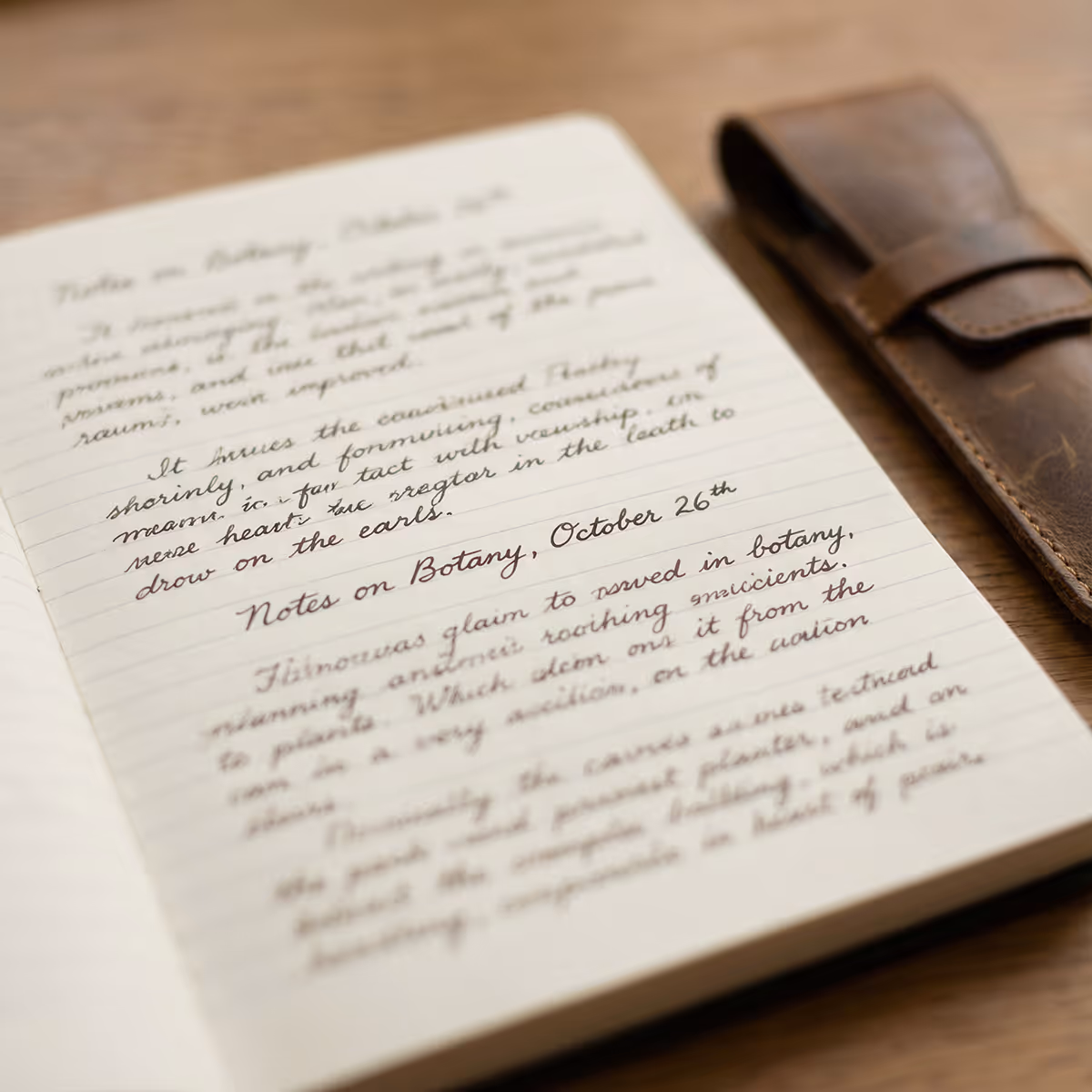 Open notebook with handwritten detailed notes titled 'Notes on Botany, October 26th' beside a brown leather pen case.